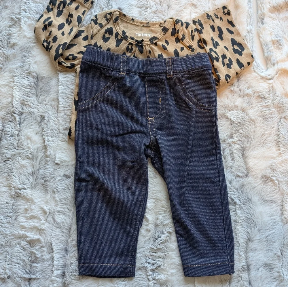 Carter's Leopard Print Onesie Body Suit And Blue Jeans 6 Month Baby
